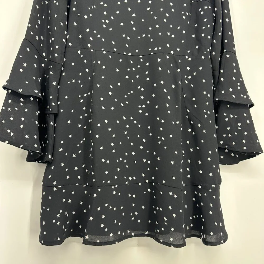 Lucky Brand Star Print Mini Dress M Long Bell Sleeves A Line Black